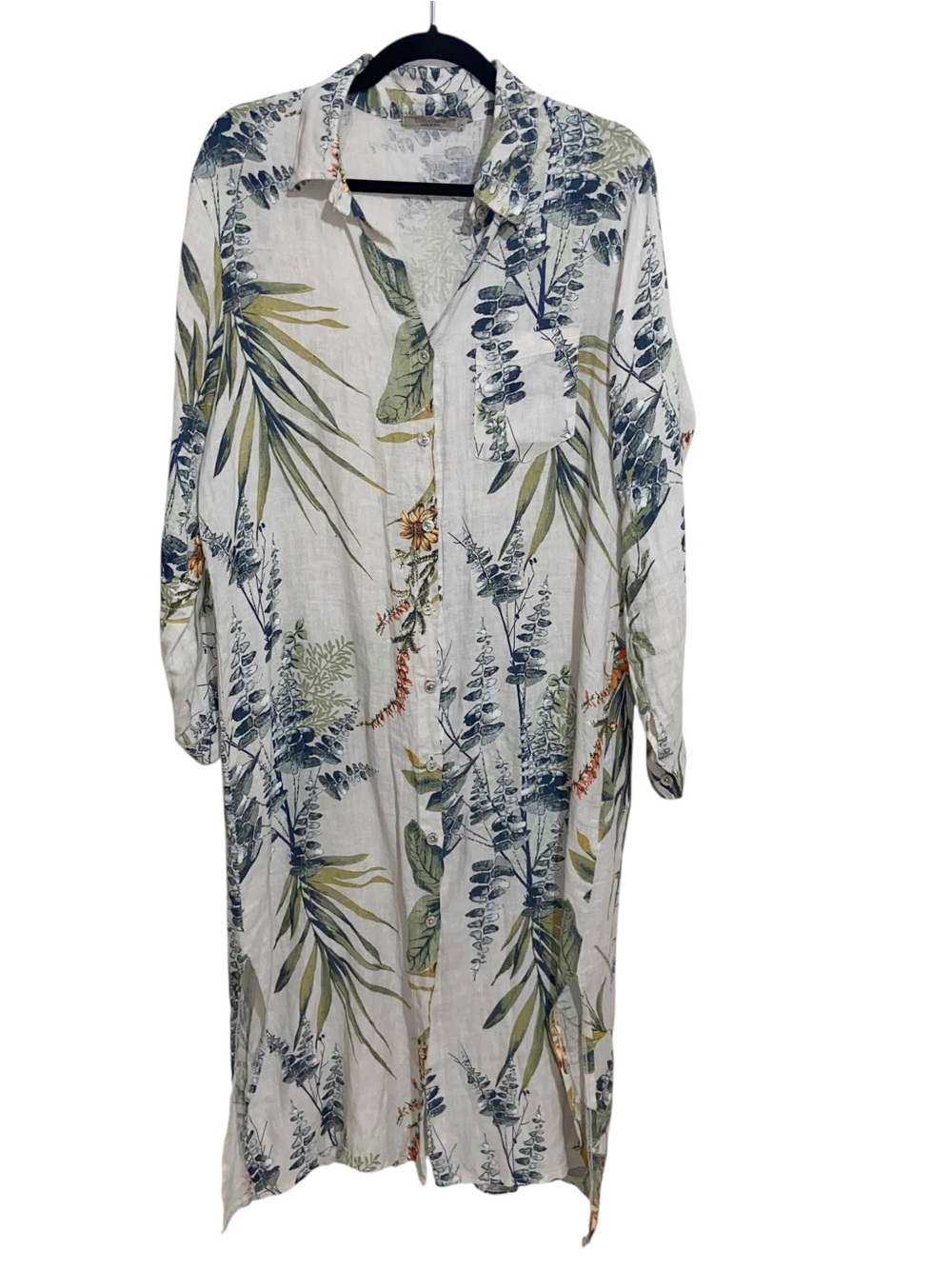 Luisa Perla Shirt Dress Large Linen Button Lagenlook Green Floral Boho Artsy